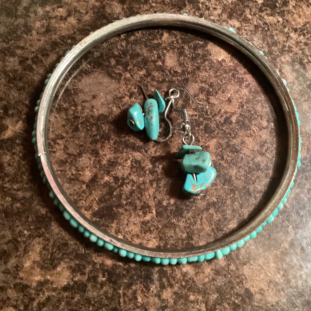 ~ Genuine Turquoise Bangle Bracelet & Small Turquoise Dangle Earrings ~